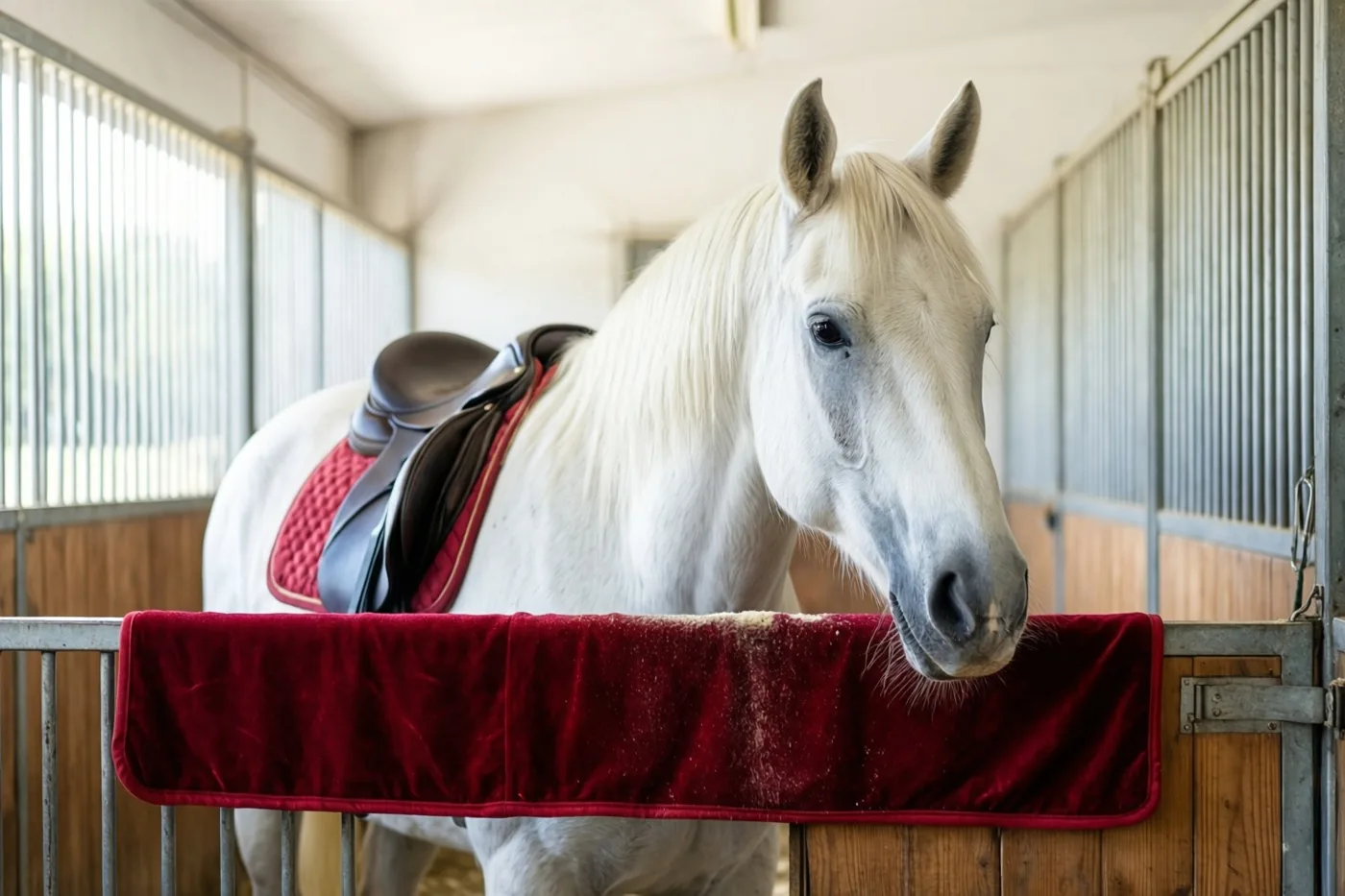 Een wit paard met een zwart zadel en rood doorgestikt zadeldek laat zijn hoofd rusten op een rode fluwelen deken over een metalen stang in een lichte stal.