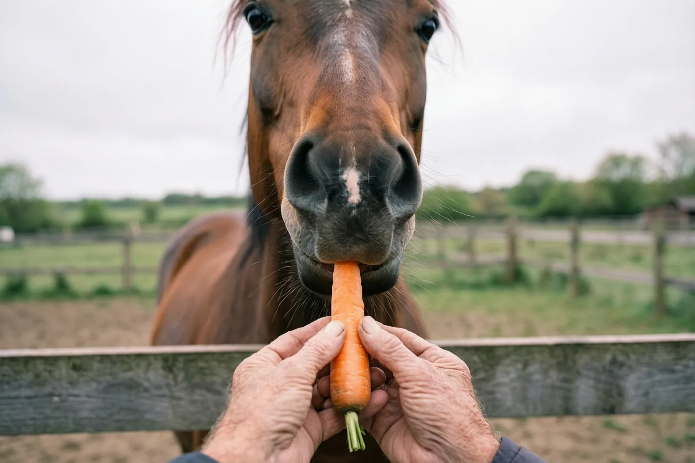 Een bruin paard neemt een wortel uit gerimpelde handen over een houten paddockomheining, met groen gras onder een bewolkte hemel.