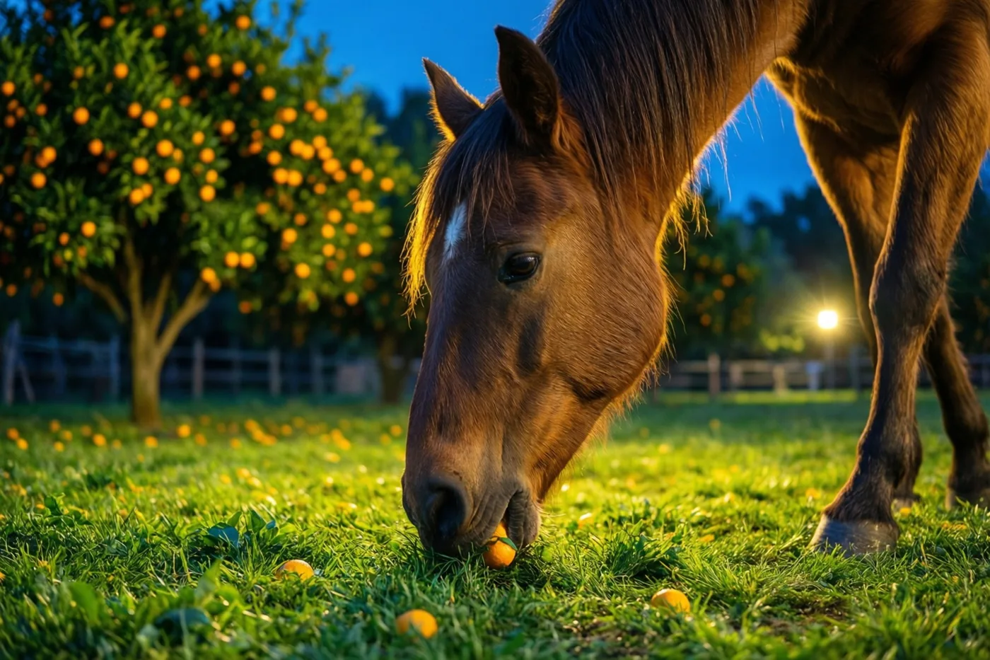 Een bruin paard graast op groen gras in een weide met oranje bomen op de achtergrond, in warm goudkleurig licht onder een diepblauwe schemerhemel.