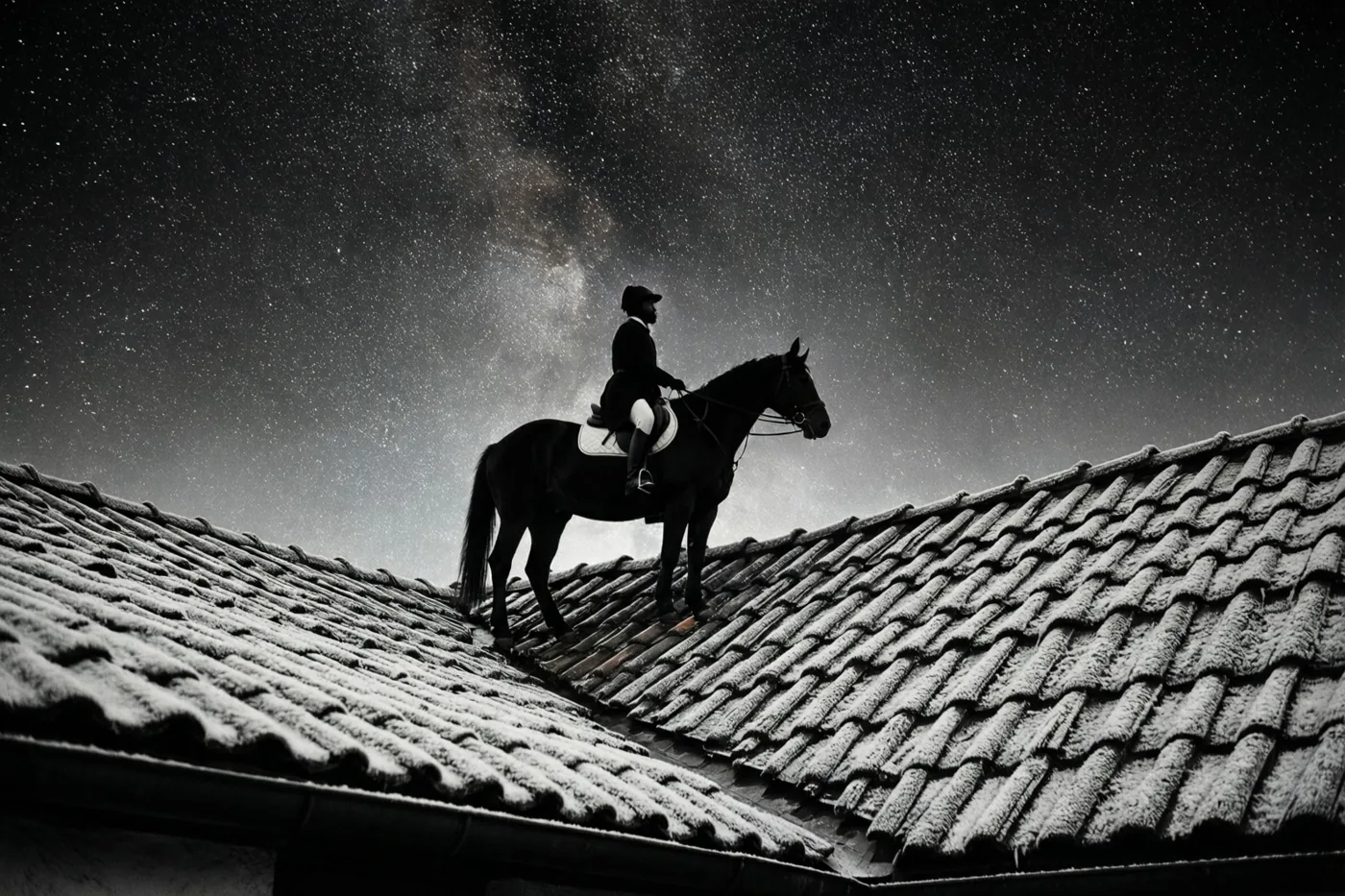 Een zwart-witbeeld toont het silhouet van een paard met ruiter op een licht besneeuwd pannendak onder een sterrenhemel.
