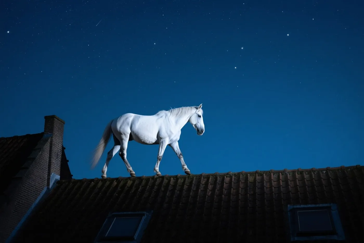 Een wit paard loopt over een donker pannendak onder een sterrenhemel in diepblauwe, witte en donkerbruine tinten.
