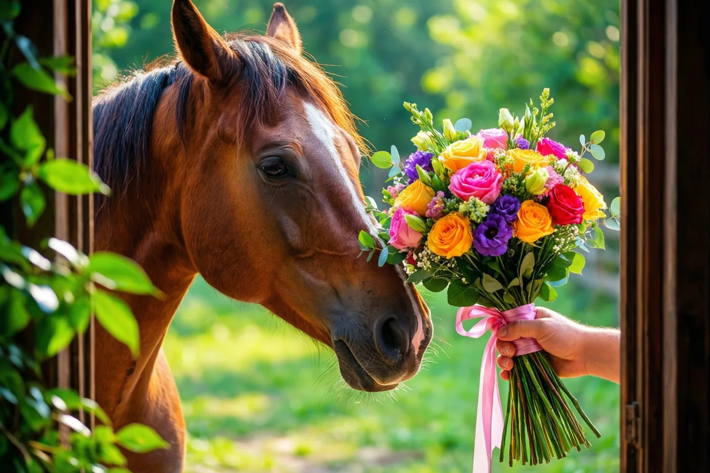 Een bruin paard met een witte bles snuffelt aan een kleurrijk boeket in een hand, buiten tussen groen in het zonlicht.