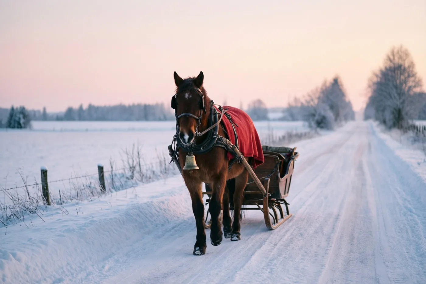 Een bruin paard met een rode deken en een bel trekt een houten slee over een besneeuwde landweg onder een roze en blauwe schemerhemel.
