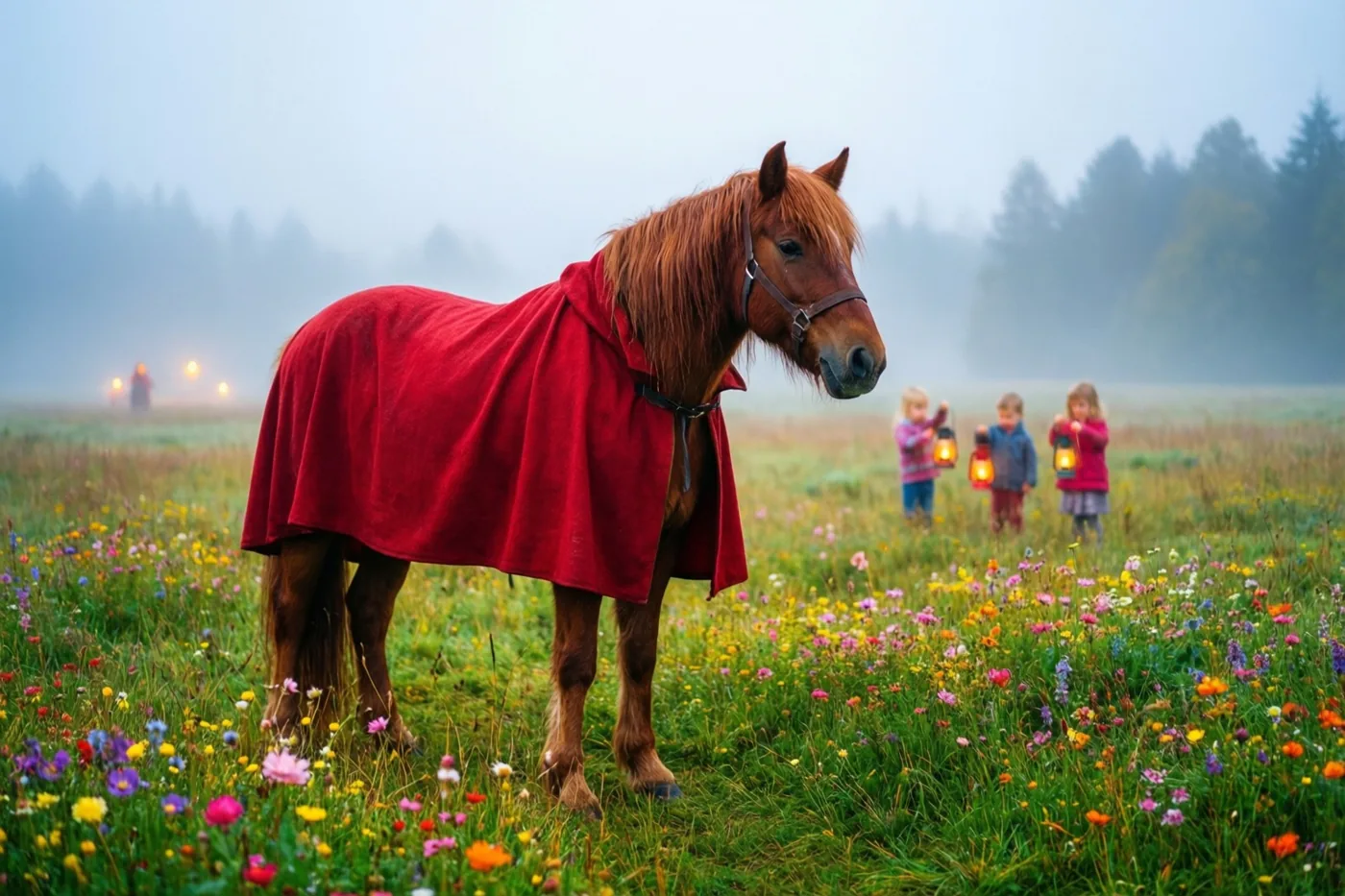 Een bruin paard met een rode mantel staat tussen kleurrijke wilde bloemen in een mistige weide, met kinderen met lantaarns op de achtergrond.