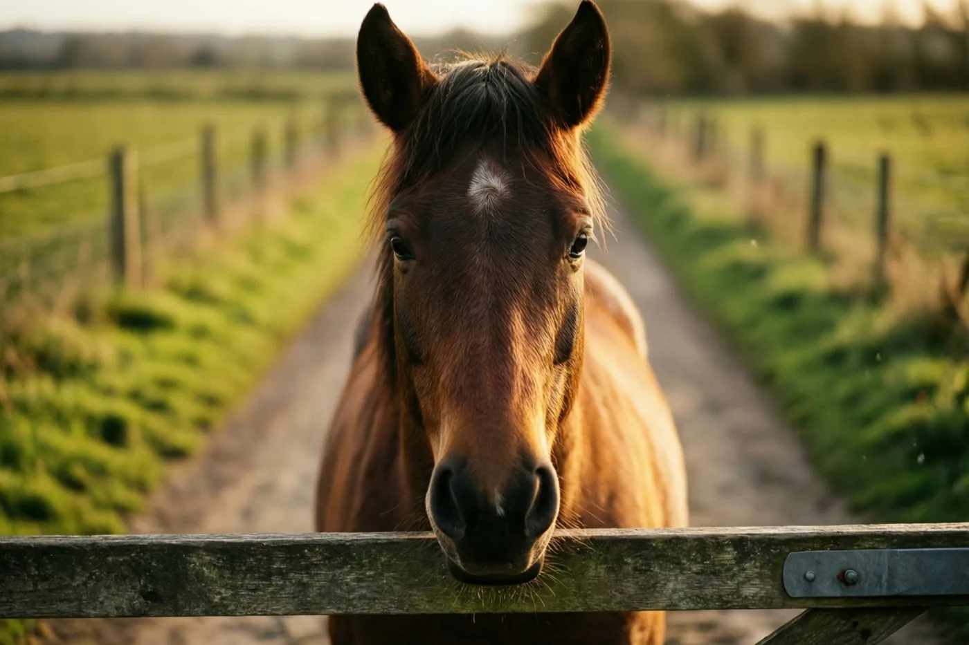 Een bruin paard met een witte vlek op het voorhoofd kijkt over een houten hek bij een onverhard pad dat in warm zonlicht naar een onscherp groen veld loopt.