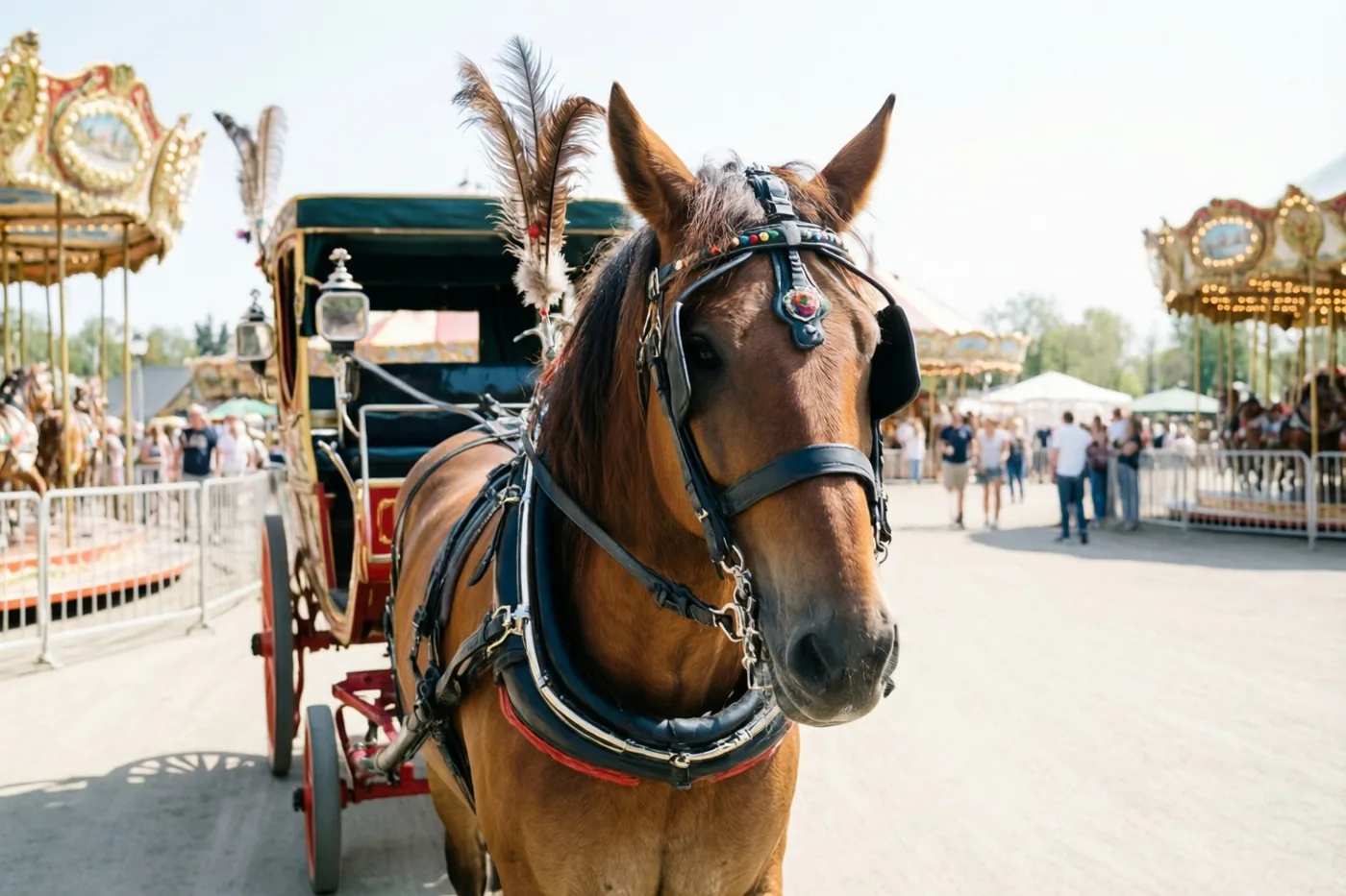 Een bruin paard met een versierd tuig en pluimen trekt een rood-groene koets, met draaimolens en mensen onscherp op de achtergrond.