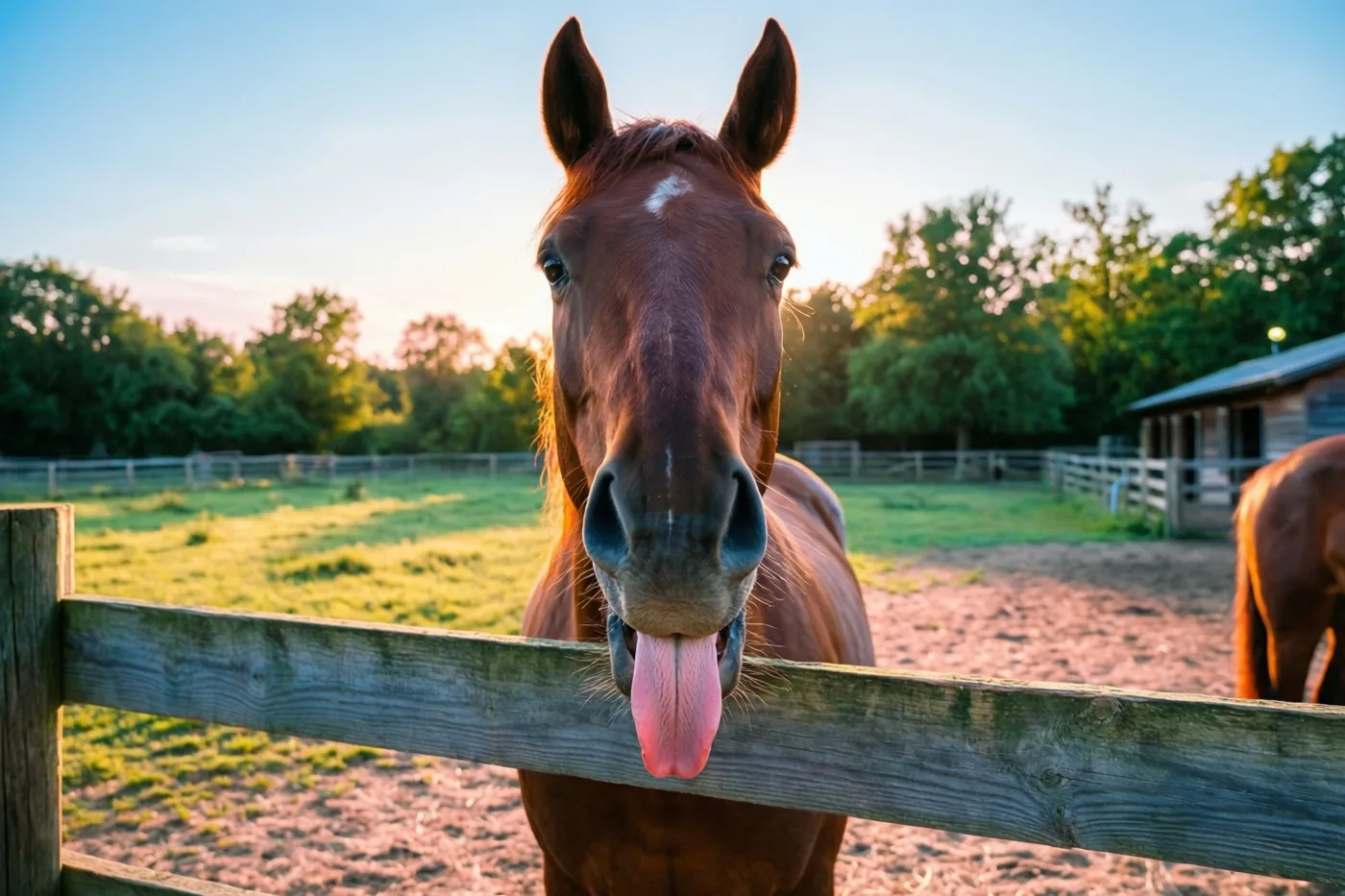 Een bruin paard met een witte aftekening op het voorhoofd steekt zijn roze tong uit over een verweerd houten hek in een zonnige paddock, met groene bomen en een helderblauwe lucht erachter.