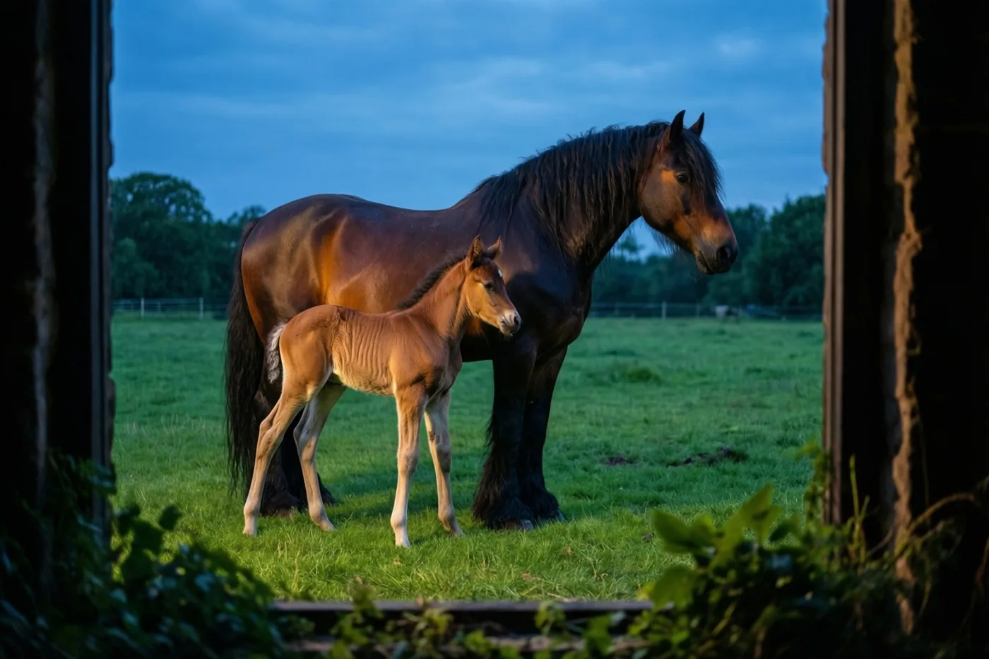 Een trekpaardhengst en een klein veulen staan in een groene weide in blauw schemerlicht, gezien door een donkere houten deuropening.