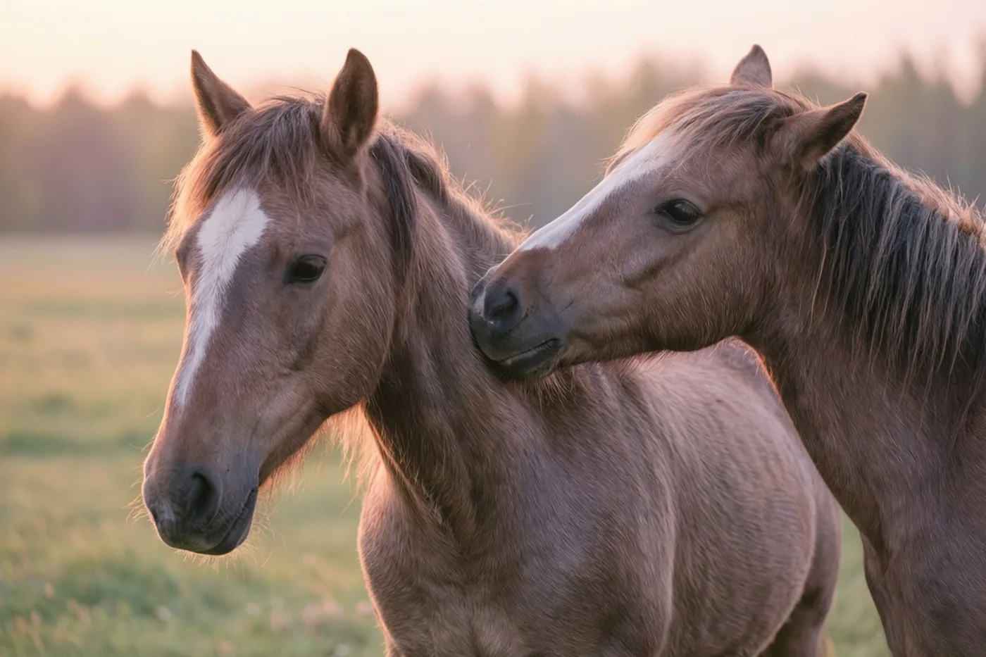Twee bruine paarden staan in een weide, waar het ene zijn snuit tegen de hals van het andere wrijft in het warme gouden licht van de zonsondergang.