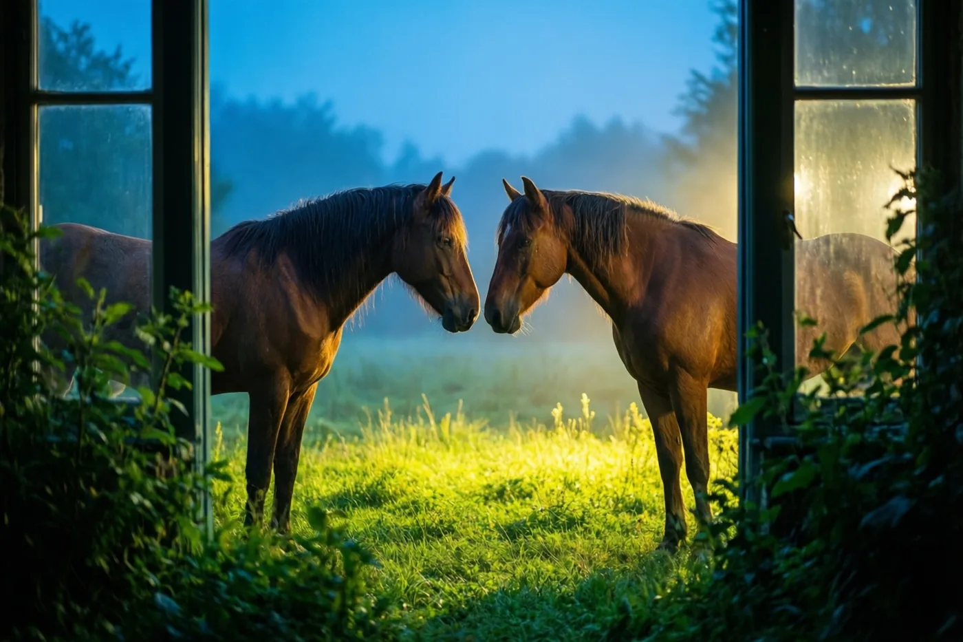 Twee bruine paarden staan tegenover elkaar in een mistige weide, met hun hoofden bijna tegen elkaar, in gouden licht met groen gras en blauwe lucht.