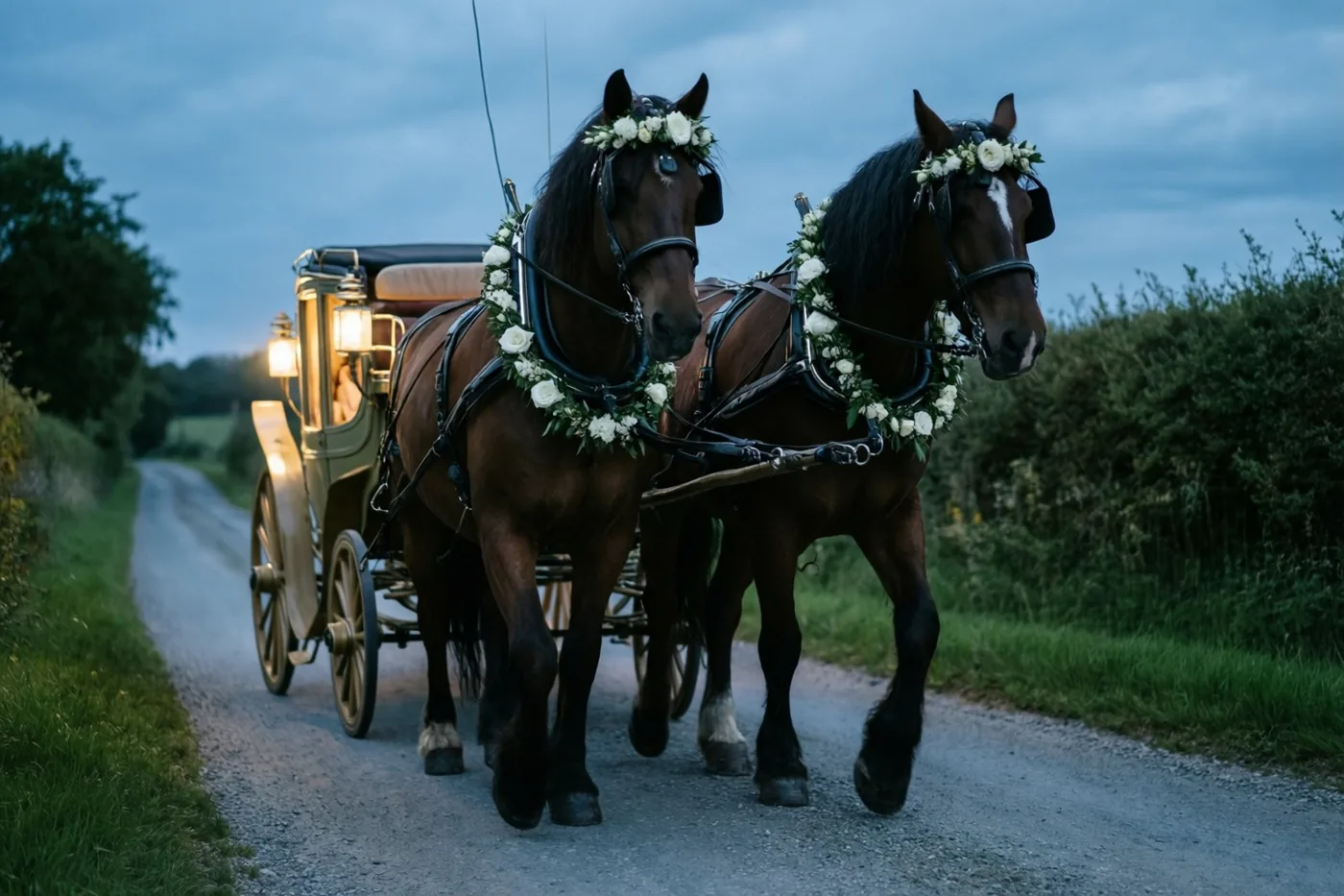 Twee donkerbruine paarden met witte bloemenslingers trekken een oude koets met warm lantaarnlicht over een landelijke grindweg onder een bewolkte schemerhemel.