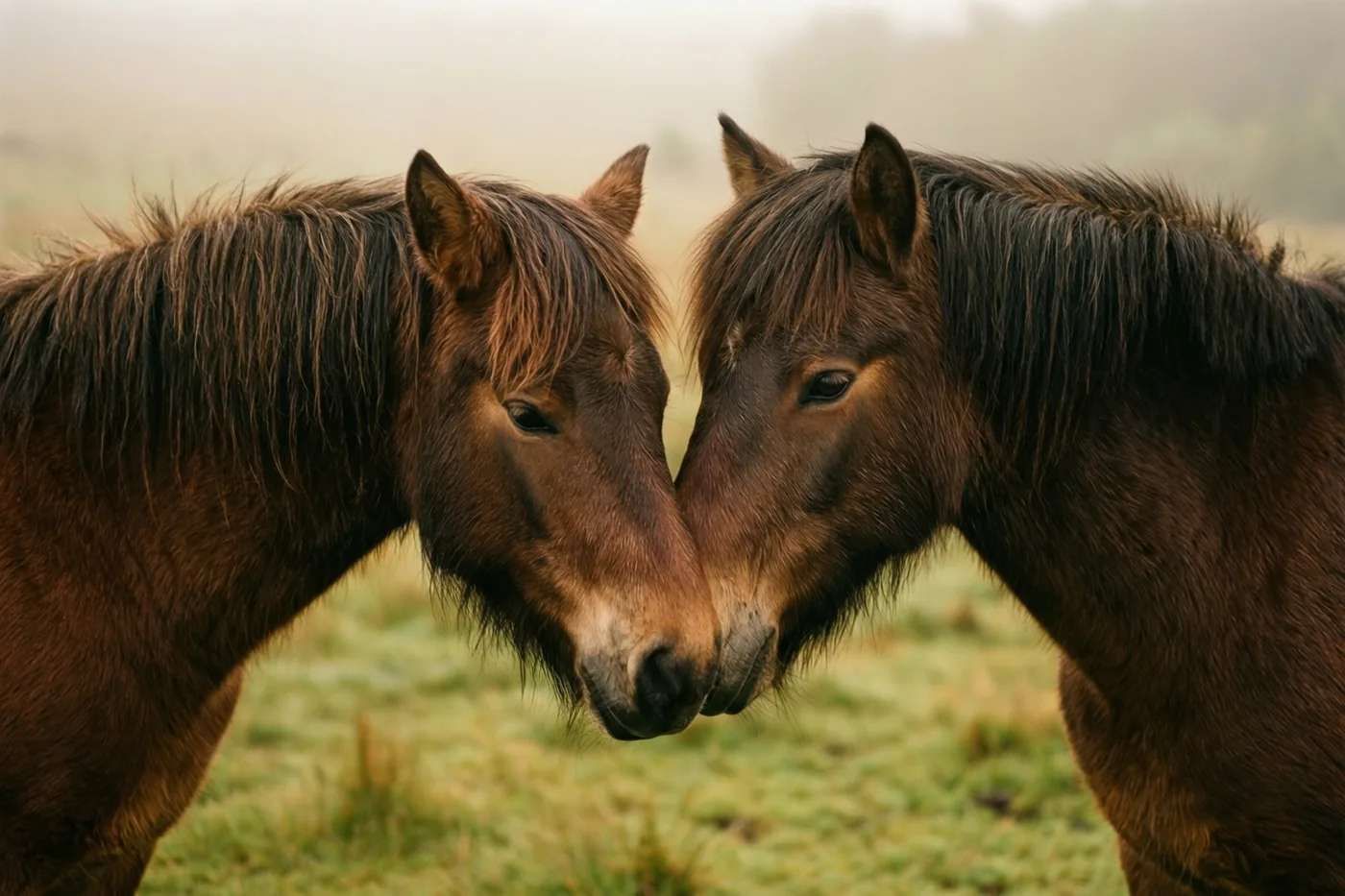 Twee bruine paarden staan met hun hoofden bij elkaar in een mistige weide en raken elkaars snuit aan.