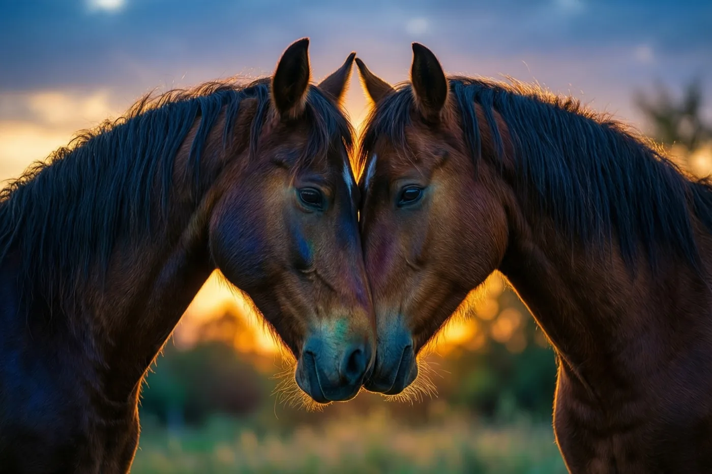 Twee bruine paarden raken elkaars voorhoofd en vormen met hun halzen een hart tegen een zonsondergang met goudkleurig licht en diepe blauwe tinten.