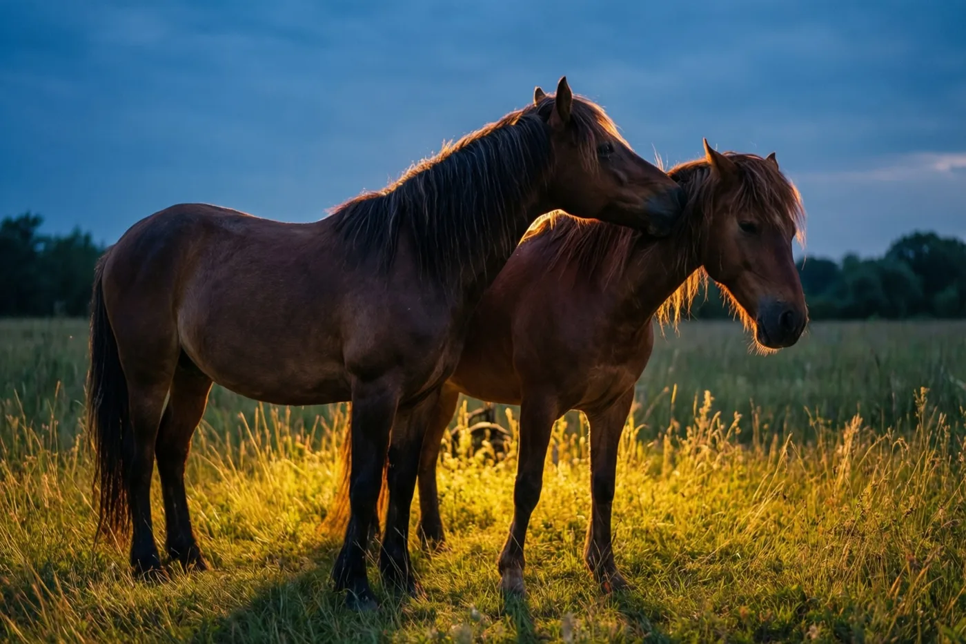 Twee bruine paarden staan dicht bij elkaar in een grasweide en verzorgen elkaars hals, in warm goudkleurig licht onder een schemerblauwe hemel.