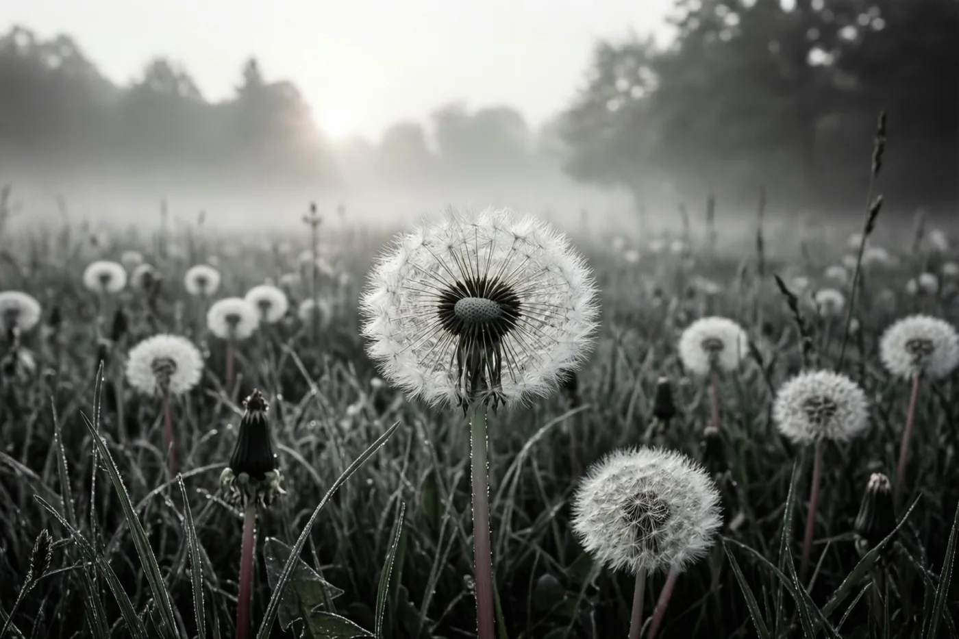 Een zwart-witfoto toont een veld paardenbloemen in ochtendmist, met één paardenbloem scherp in beeld en zacht licht door de mist.