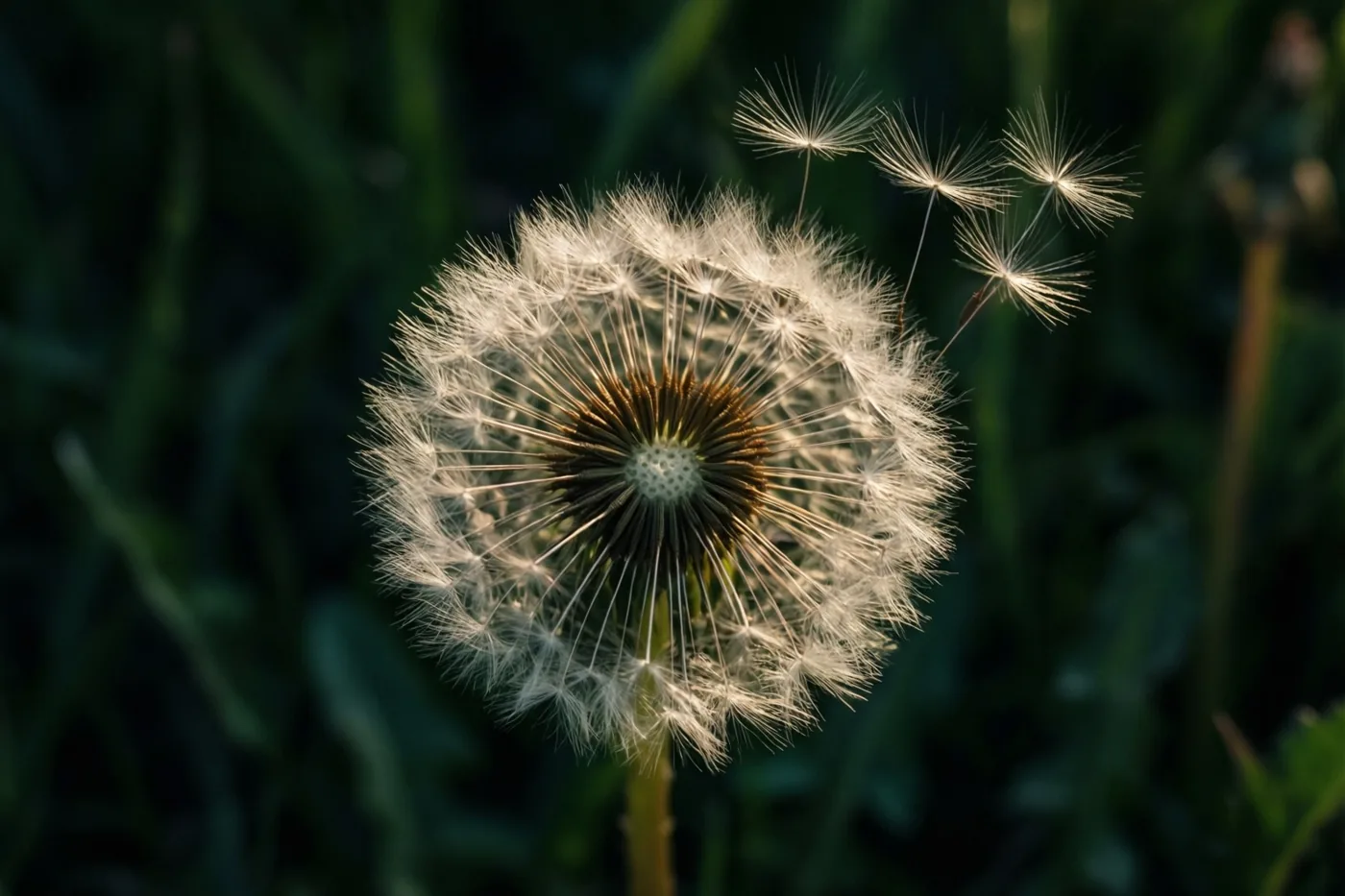 Een close-up toont een pluizenbol van een paardenbloem met wegdrijvende zaadjes in warm zonlicht tegen een onscherpe groene achtergrond.