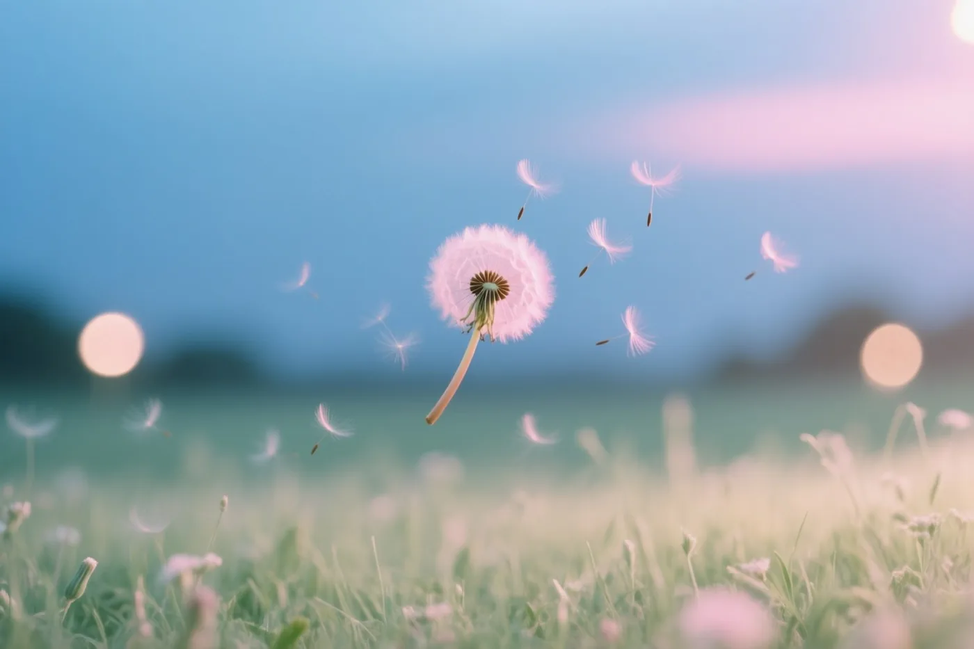 Zaadjes zweven van een paardenbloem over een grasweide onder een zachtblauwe en roze hemel in warm licht.