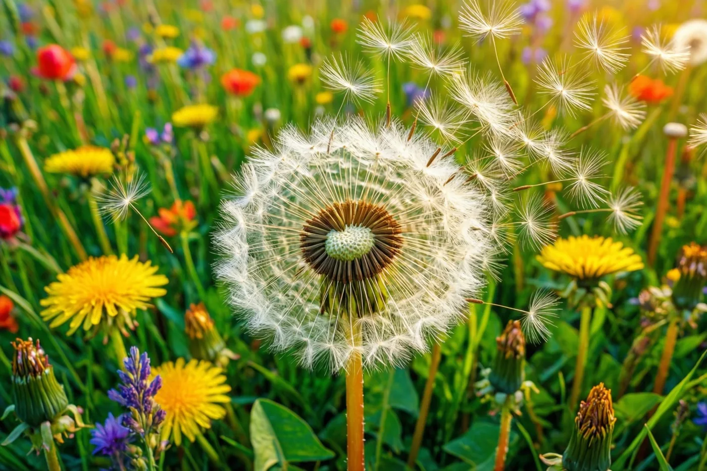 Pluisjes komen los van een paardenbloem en zweven boven een zonnige zomerweide met kleurrijke veldbloemen.