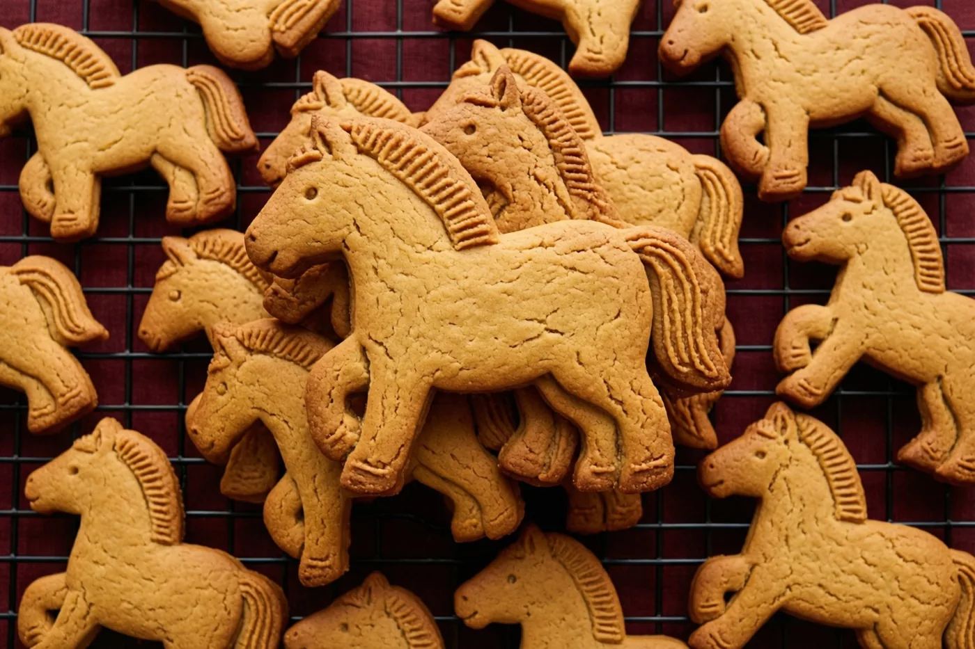Een stapel goudbruine kruidkoekjes in gedetailleerde paardenvormen ligt op een zwart afkoelrooster tegen een dieprode achtergrond.
