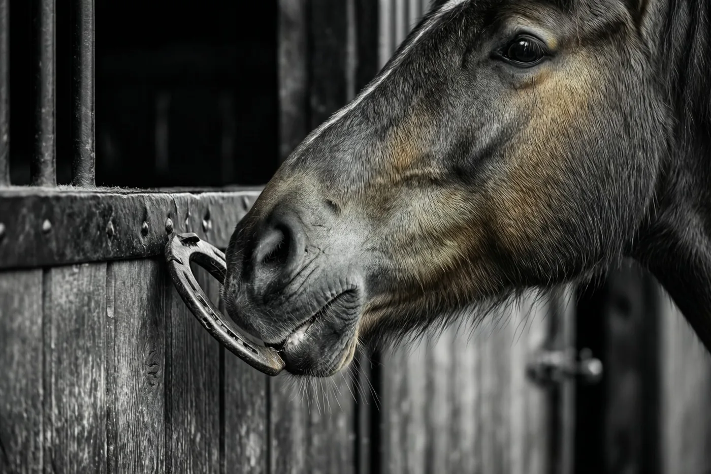 Een zwart-witdetail toont een paardenhoofd met de snuit vlak bij een hoefijzer dat op een houten staldeur is vastgespijkerd.