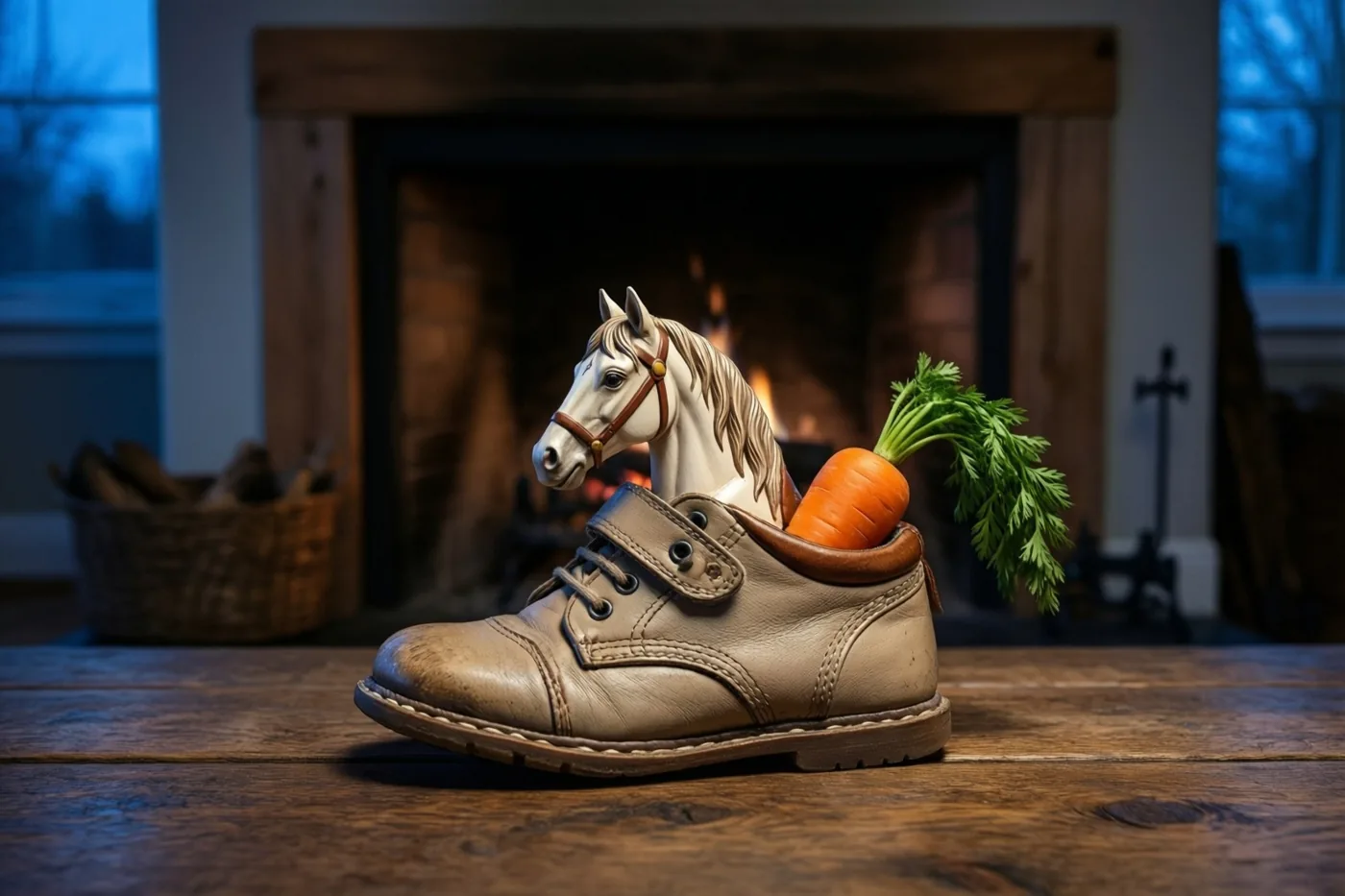 Een wit houten speelgoedpaardje zit in een bruine leren kinderschoen op een houten tafel voor een brandende haard, met een wortel ernaast.