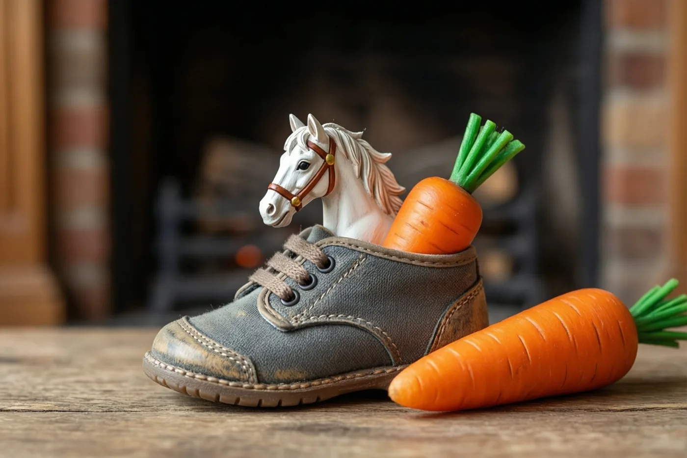 Een wit houten speelgoedpaardje zit in een grijze kinderschoen op een houten ondergrond bij een haard, met een wortel ernaast.