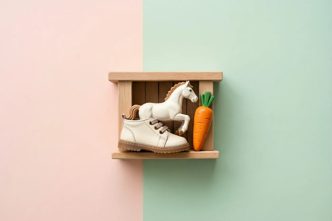 Een wit houten speelgoedpaardje zit in een witte kinderschoen op een houten plank met een wortel ernaast, tegen een roze en mintgroene muur.