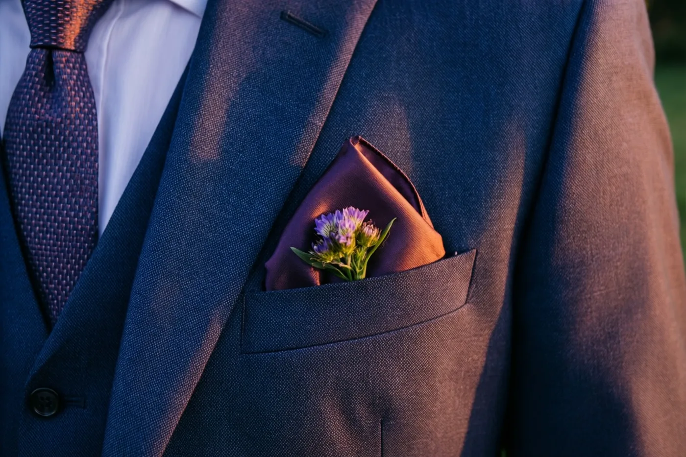 Een donkerblauw colbert met een pochet en een klein paars bloemetje in de borstzak is van dichtbij te zien in warm goudkleurig licht.