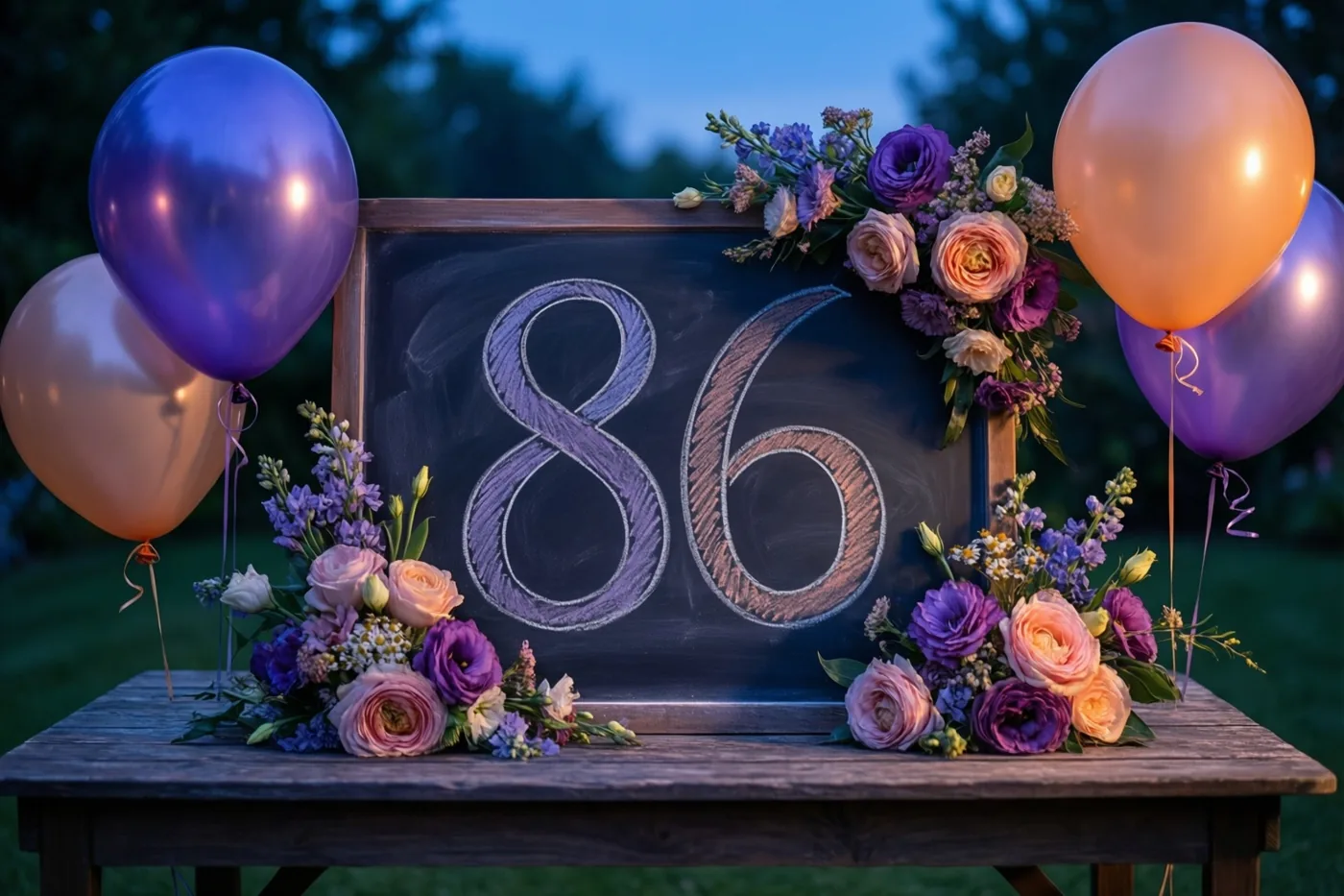 Een krijtbord met 86 in paars krijt staat op een houten tuintafel tussen bloemstukken en ballonnen, met groen en een zachtblauwe avondlucht achteraan.