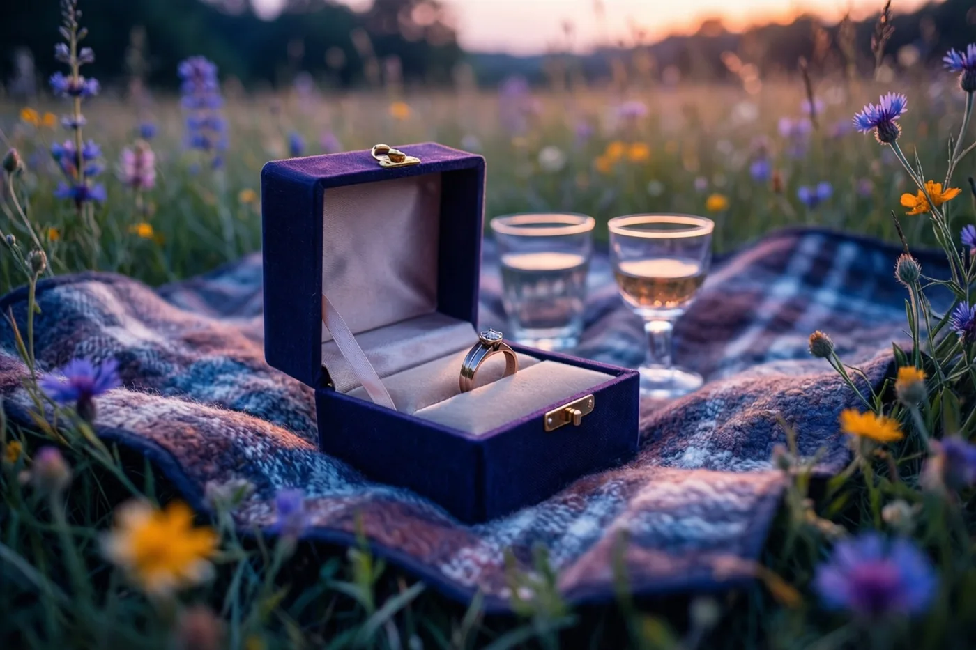 Een open paarsfluwelen ringdoosje met een ring staat op een picknickdeken met een patroon in een veld met wilde bloemen bij zonsondergang.