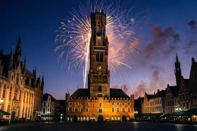 Wit en paars vuurwerk licht op boven een warm verlicht historisch belfort op een Vlaams marktplein onder een diepblauwe schemerhemel.