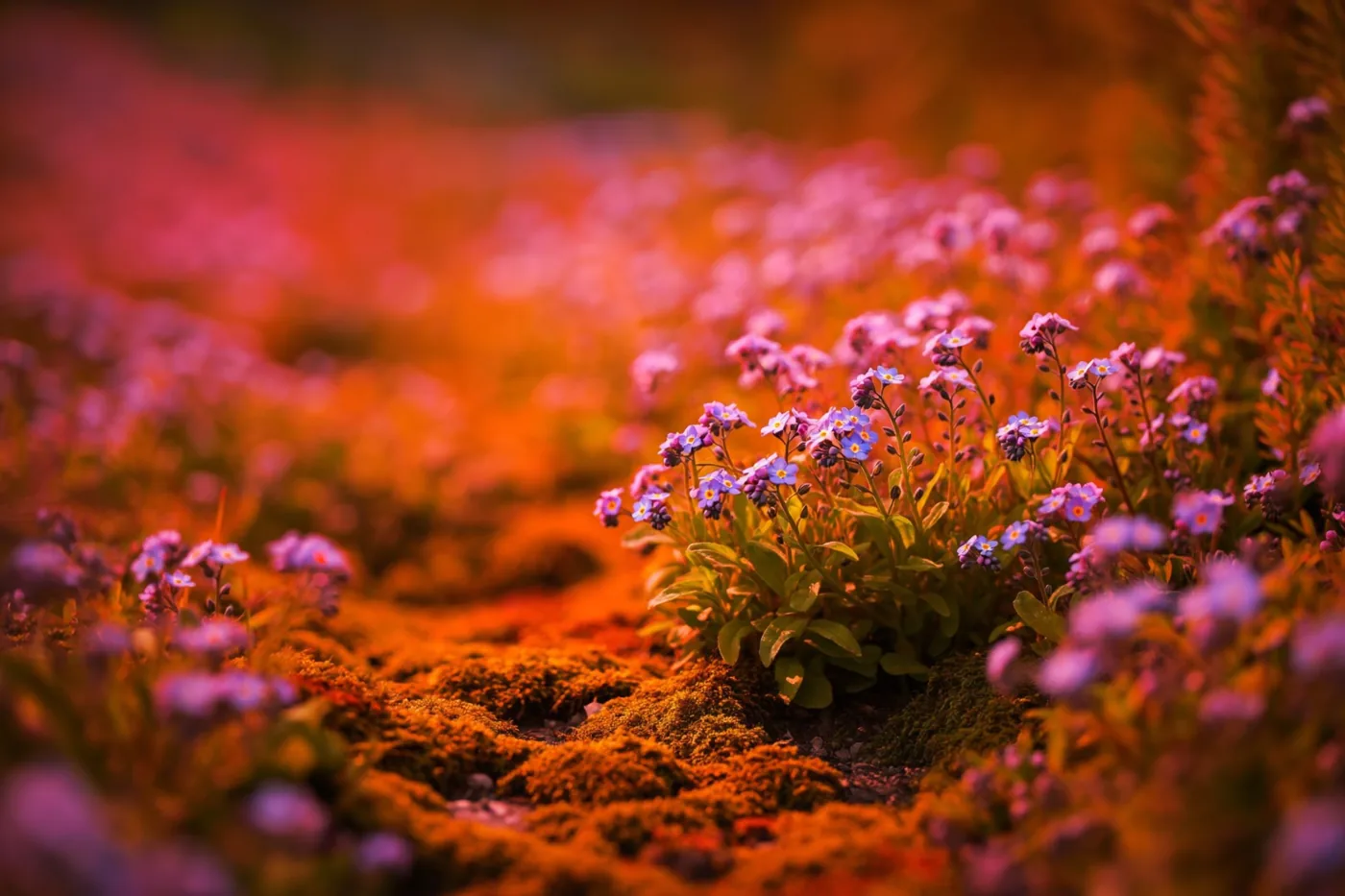 Kleine paarse vergeet-mij-nietjes groeien langs een bemost tuinpad in warm oranje en roze licht.