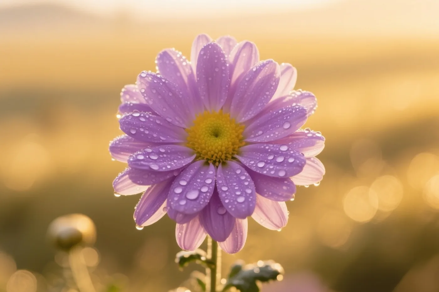 Een paarse chrysant met dauwdruppels is van dichtbij gefotografeerd in zacht goudkleurig licht tegen een wazige geelbruine achtergrond.