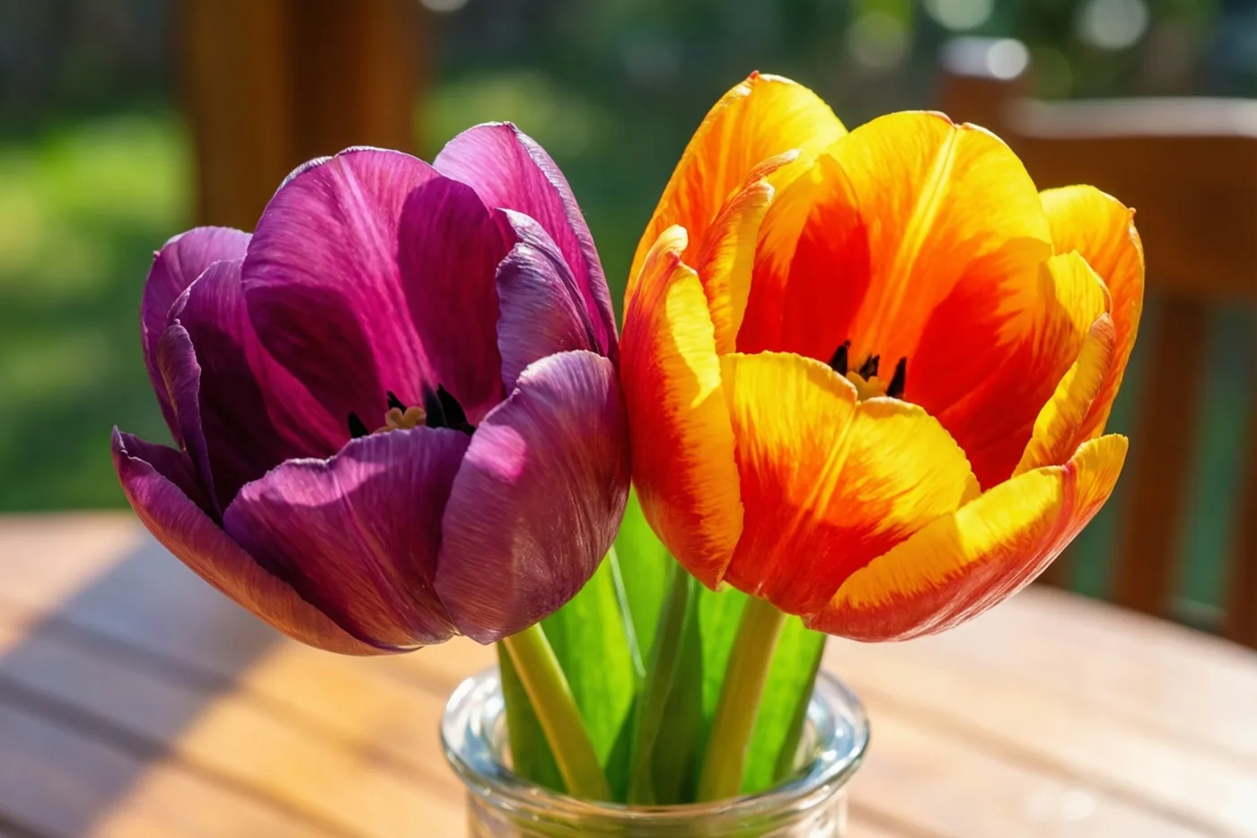 Een paarse en een oranjegele tulp leunen tegen elkaar in een doorzichtige glazen vaas op een houten tafel in fel zonlicht.