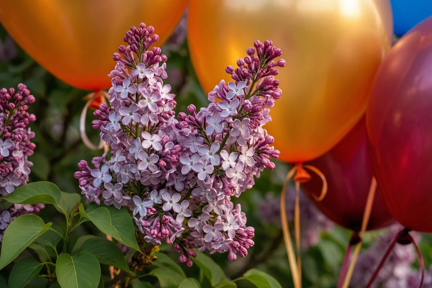 Een close-up toont een seringenstruik met paarse en witte bloemtrossen en groene bladeren, met oranje, rode en blauwe ballonnen aan de takken.