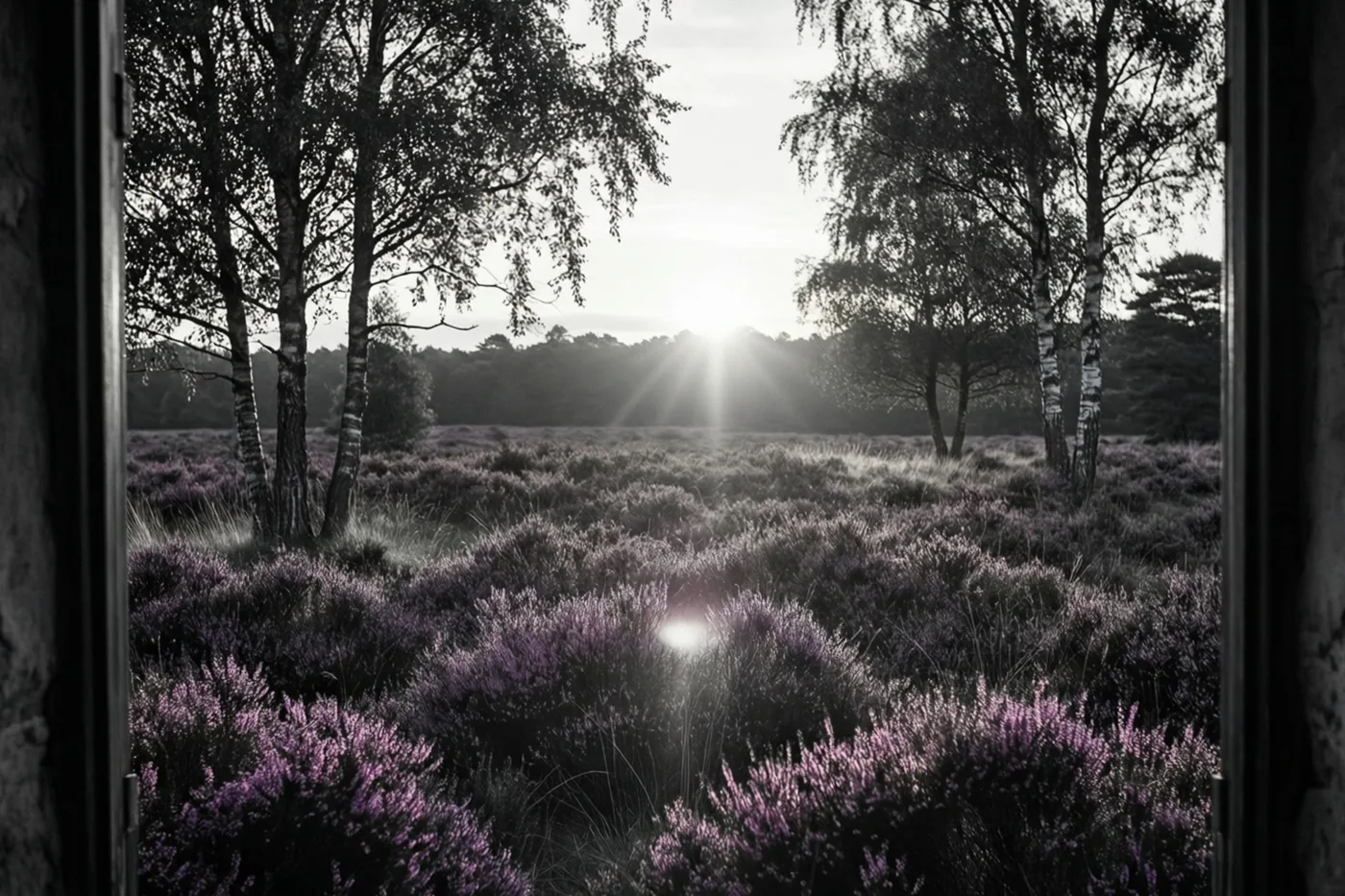 Door een donker houten raamkader is een zonsopgang boven heide met berken te zien, waarbij alleen de paarse heide kleur heeft in een verder monochroom beeld.