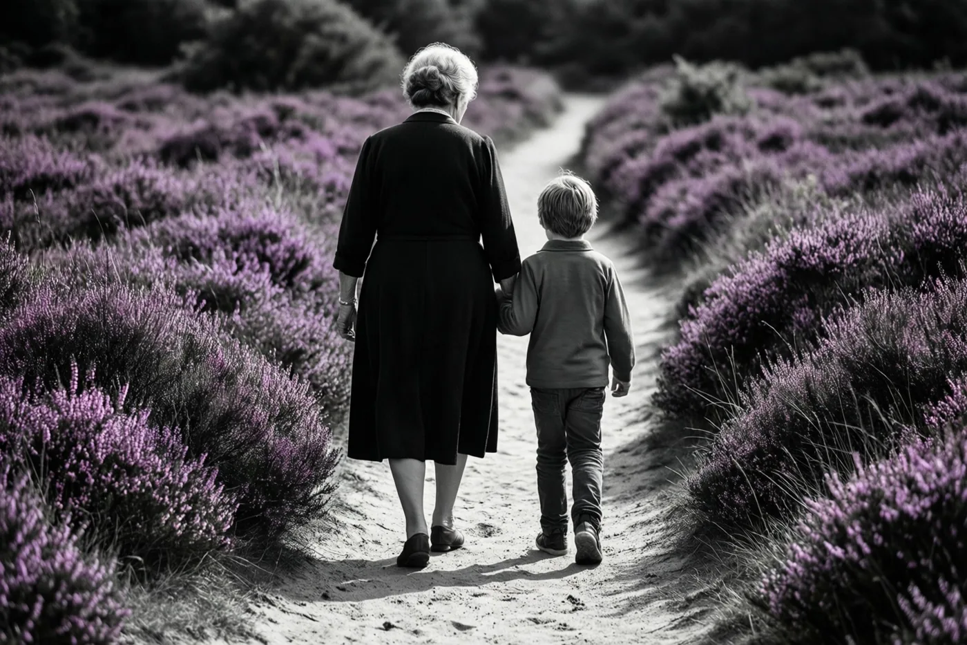 Een oudere vrouw en een jong kind wandelen hand in hand door paarse heide, terwijl de rest van het beeld zwart-wit is.