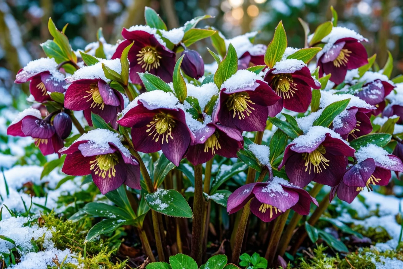 Dieppaarse helleborussen met gebogen bloemhoofdjes en groene bladeren staan onder een laagje verse sneeuw in een beschutte tuinborder, tegen een wazige winterachtergrond.