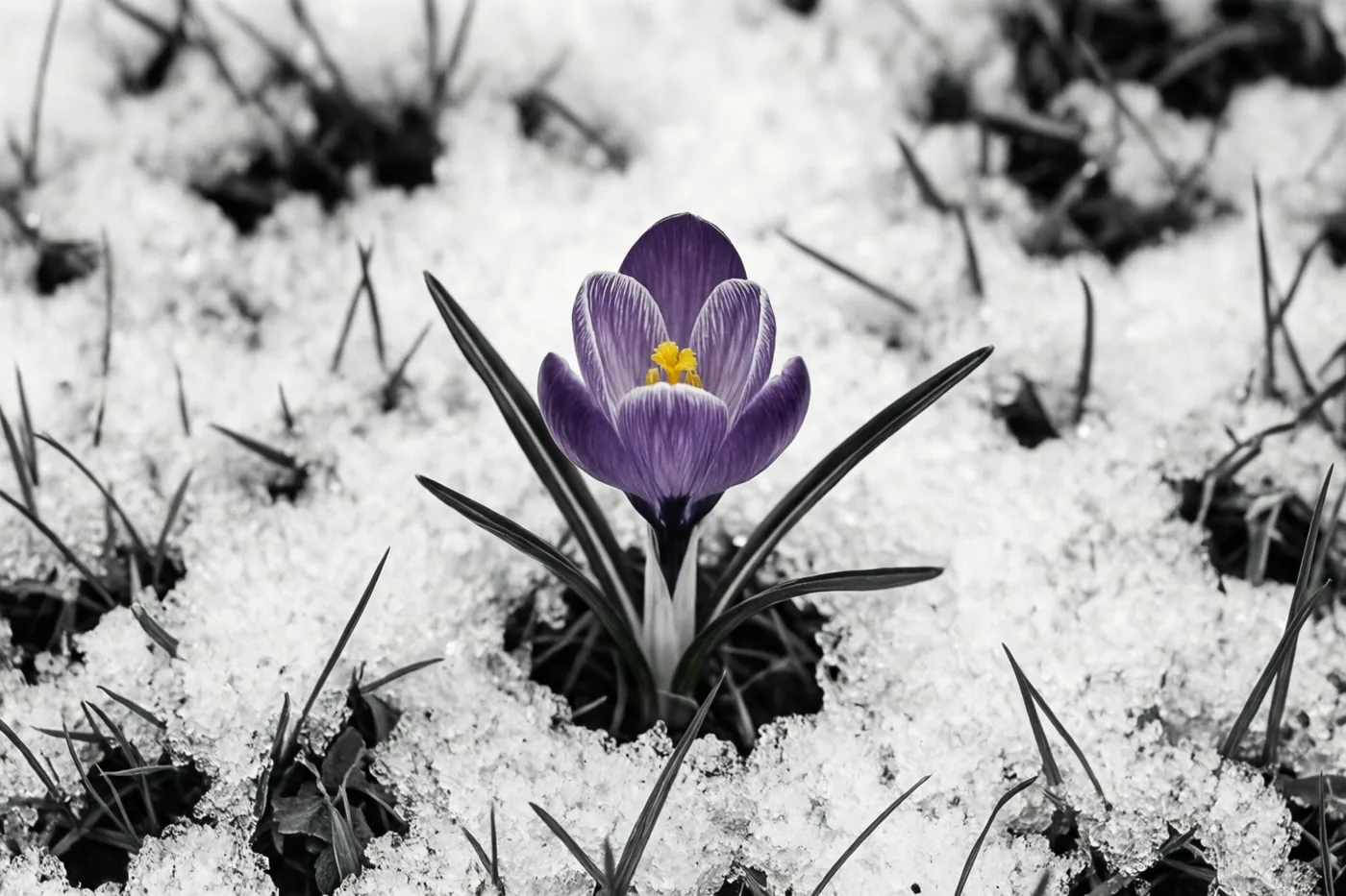 Een paarse krokus met een geel hart bloeit door smeltende sneeuw op een grasveld dat verder in zwart-wit is weergegeven.