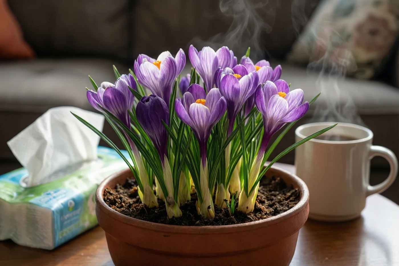 Een terracotta pot met bloeiende paarse krokussen staat naast een dampende witte mok en een doos zakdoekjes op een houten bijzettafel bij een zetel met een bloemenkussen.