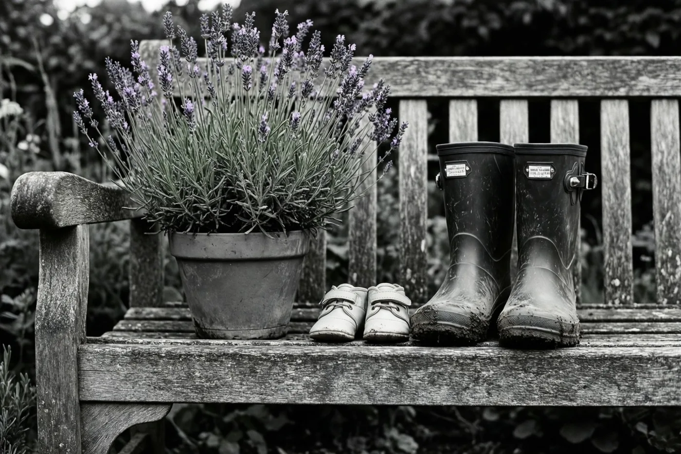 Een zwart-witfoto toont een houten tuinbank met babyschoentjes, modderige tuinklompen en een pot lavendel die zijn paarse kleur behoudt.