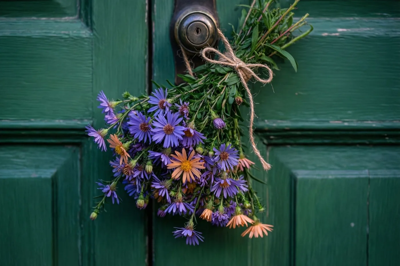 Een boeket paarse en oranje veldbloemen met een touwtje hangt aan de deurknop van een verweerde groene houten deur.