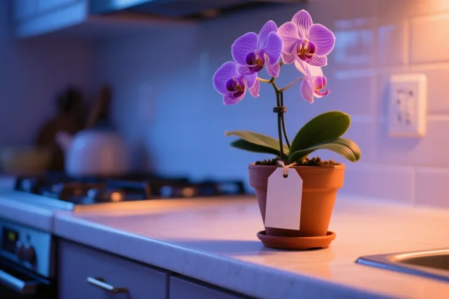Een paarse orchidee in een pot met een blanco wit kaartje staat op een keukenwerkblad in warm licht, met blauwe en oranje tinten in de moderne keuken.