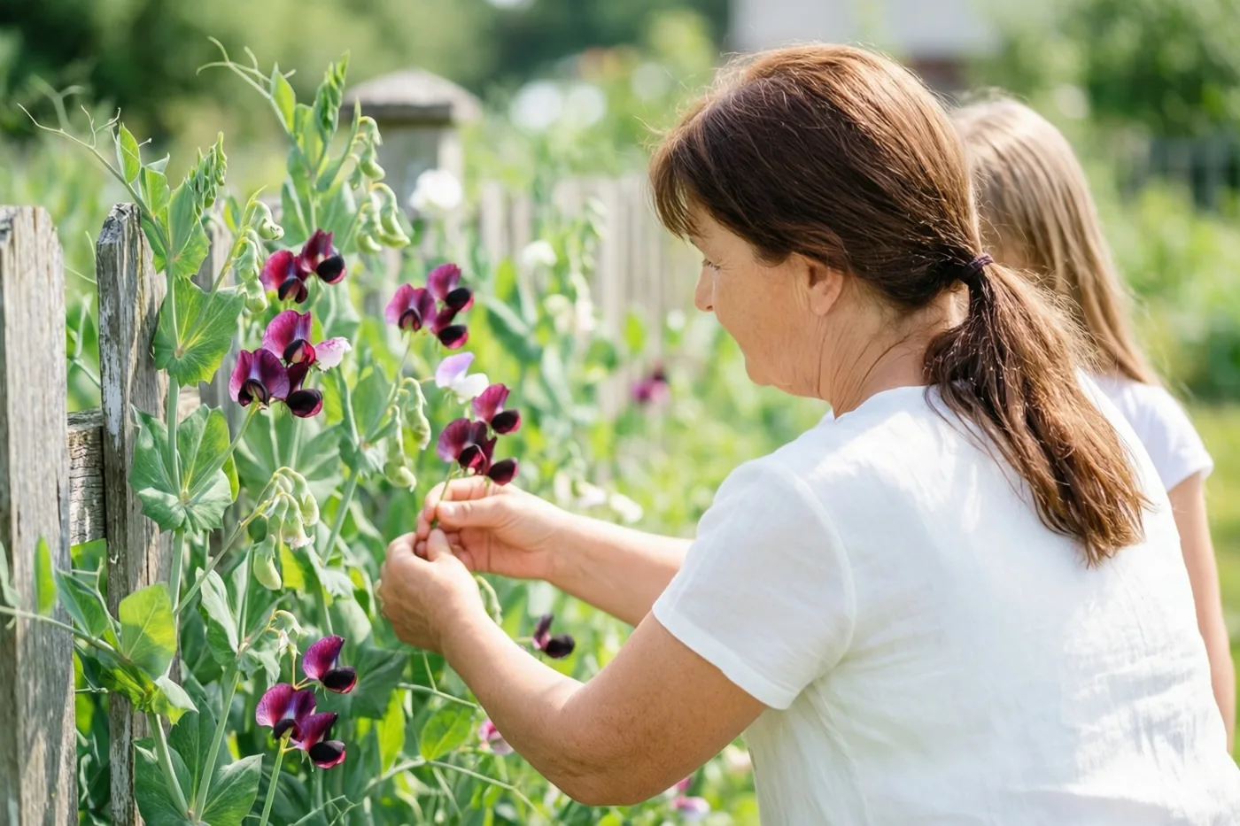 Een grootmoeder en haar kleindochter in witte shirts plukken van achteren gezien paarse reukerwten langs een houten tuinomheining in fel zomerlicht.