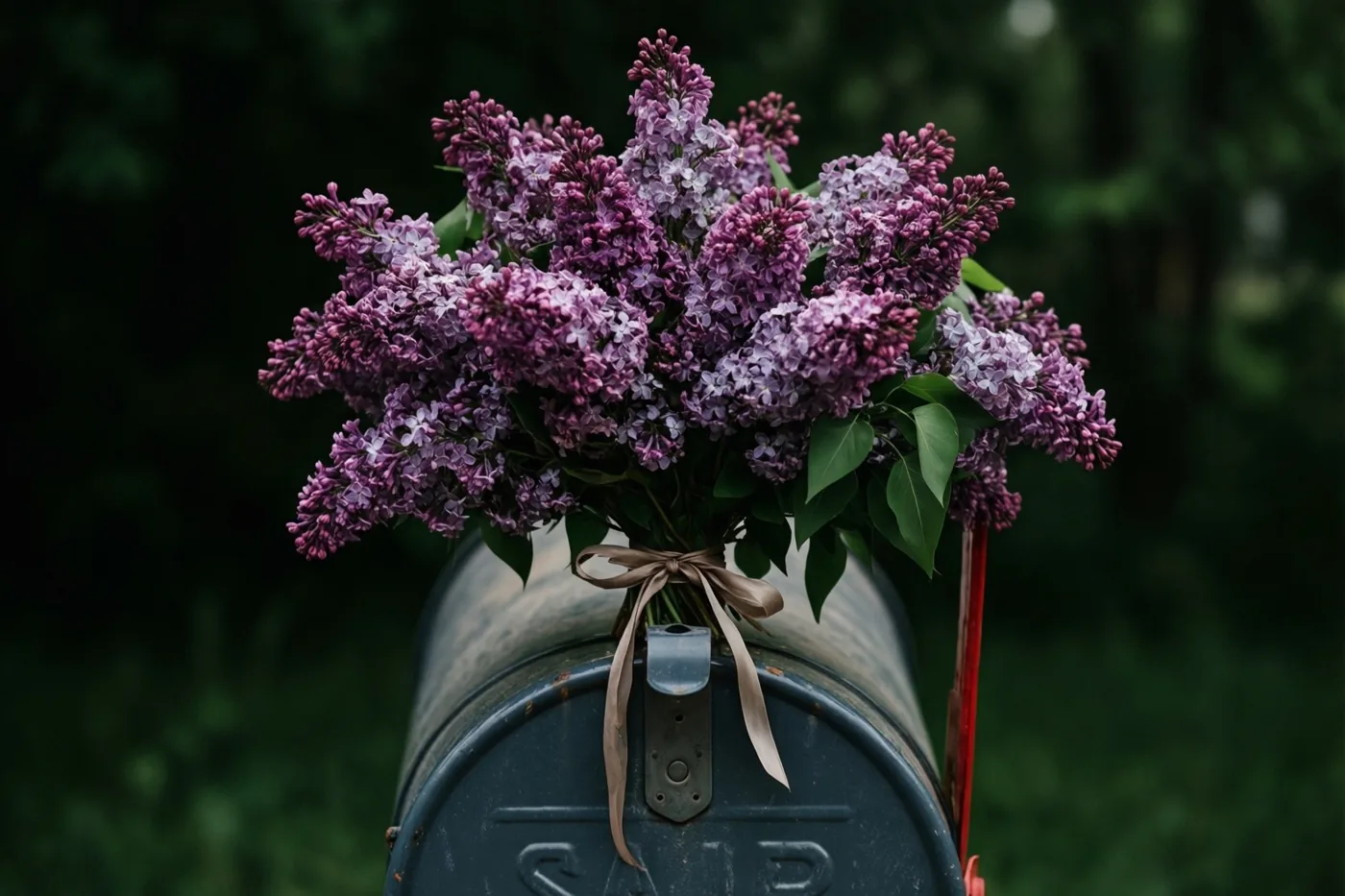 Een groot boeket paarse seringen met een beige lint ligt op een donkerblauwe metalen brievenbus tegen een wazig groen bos op de achtergrond.