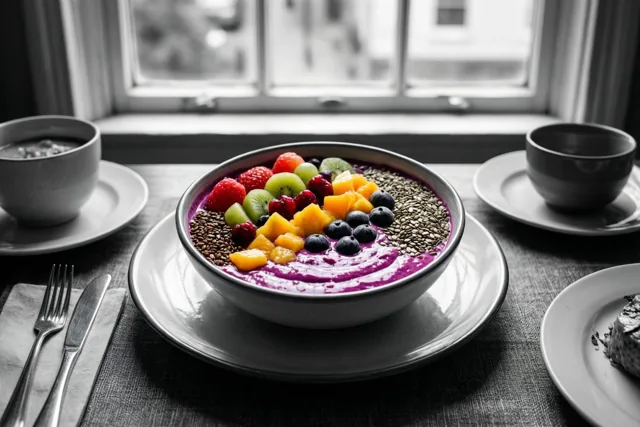 Een paarse smoothiekom met kleurrijk fruit en zaden staat op een ontbijttafel bij een raam tegen een monochrome achtergrond.