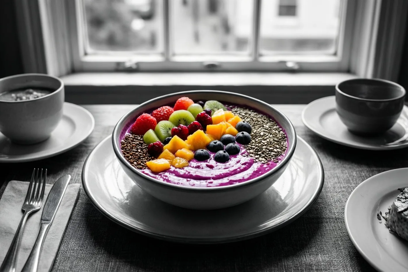 Een paarse smoothiekom met kleurrijk fruit en zaden staat op een ontbijttafel bij een raam tegen een monochrome achtergrond.
