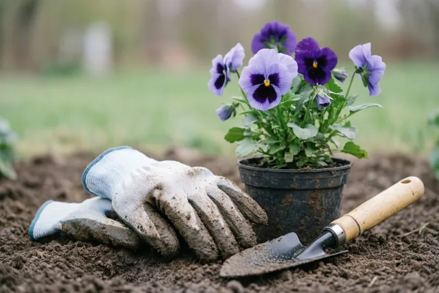 Twee modderige tuinhandschoenen en een plantschepje liggen op donkere aarde naast een zwarte pot met paarse viooltjes, tegen een onscherpe groene achtergrond.