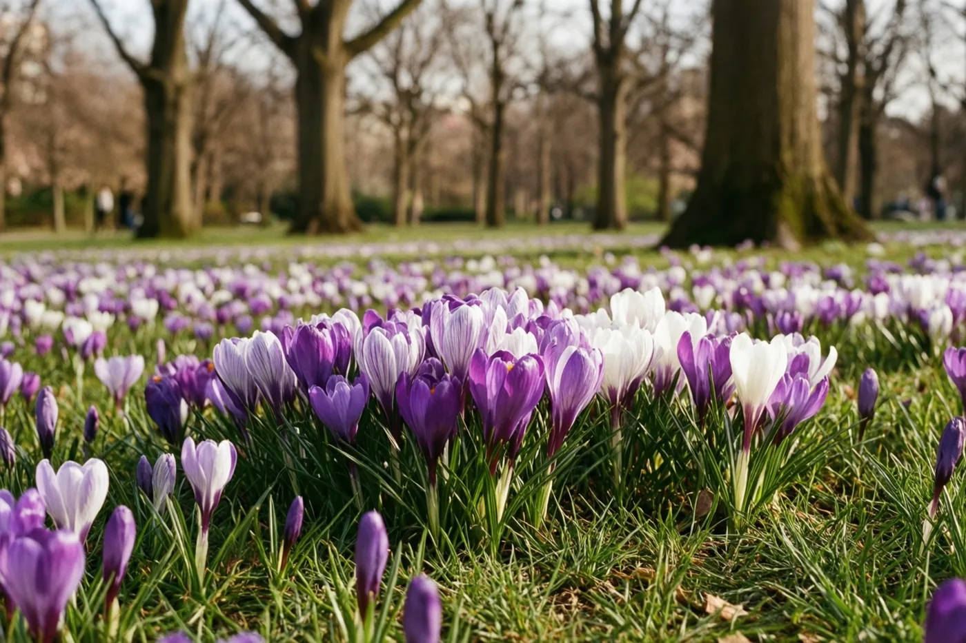 Paarse en witte krokussen bedekken een groen parkgrasveld in zacht daglicht, met kale bomen en zwellende knoppen op de achtergrond.