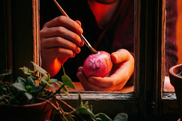 Door een houten raamkozijn zijn handen te zien die in warm goudkleurig licht een roze paasei beschilderen met een fijn penseel.